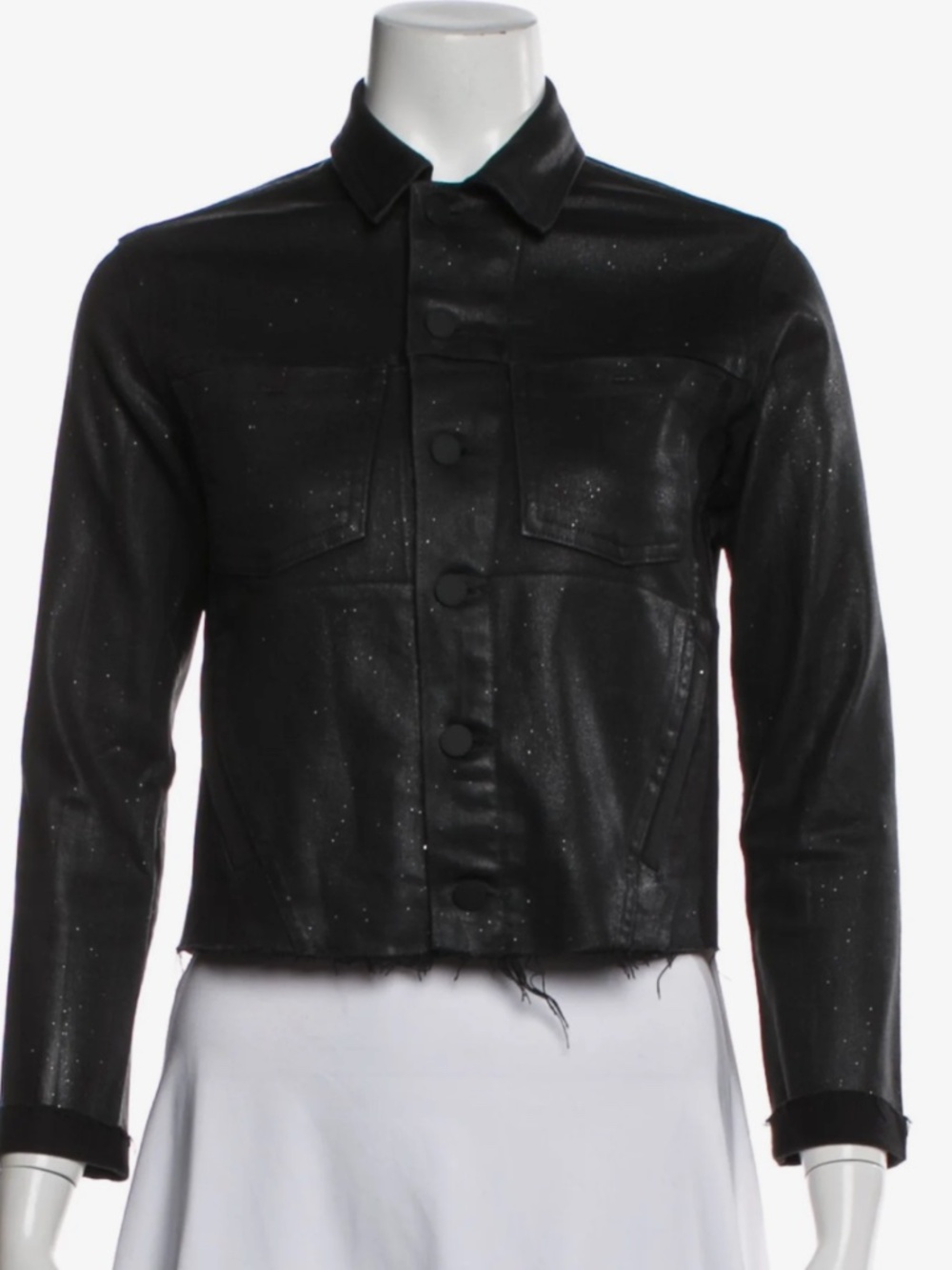 L'Agence Janelle slim fit, raw hem, silver speckles, coated denim jacket, S/P